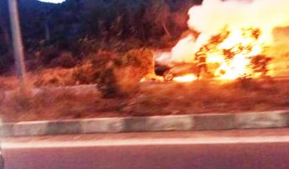 Lefkoşa-Gazimağusa ana yolunda bir araç yandı