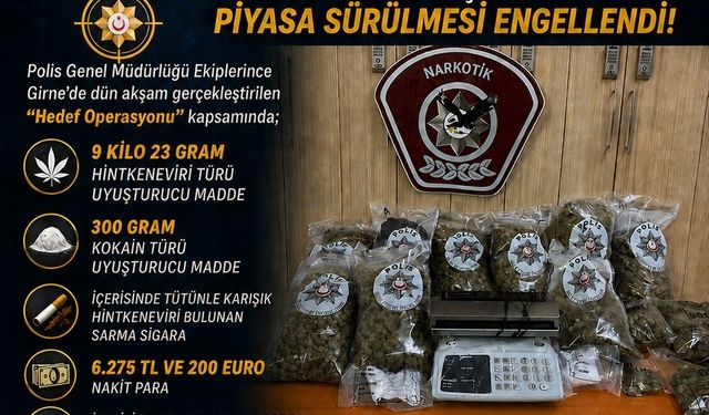 Girne'de 9 kilodan fazla uyuşturucu ile nakit para ele geçirildi, iki tutuklu